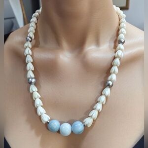 Handmade Mother of Pearl Pikake 16” Choker Necklace AAA Larimar Grey Pearls